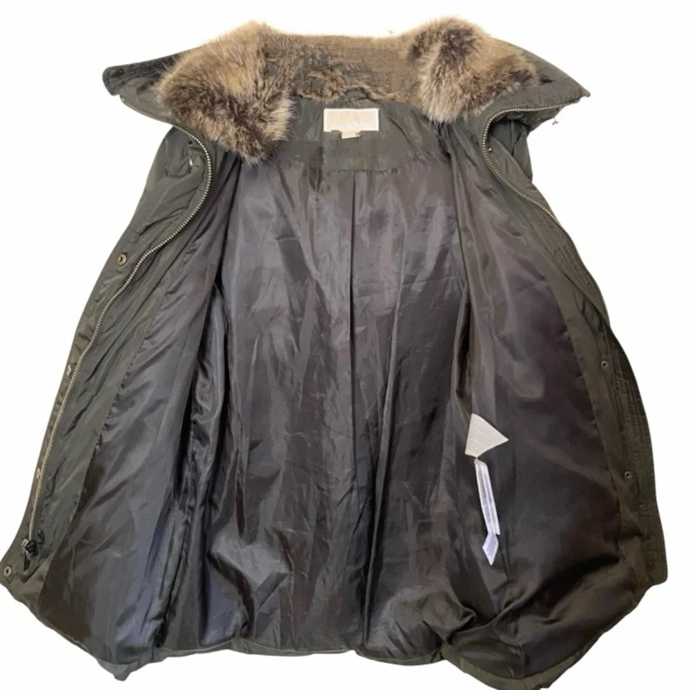 Michael Kors Brown Down Puffer Coat Women’s Small Faux Fur Hood Winter Jacket